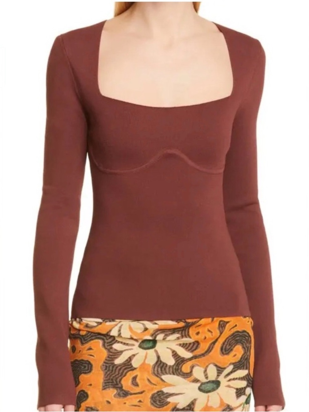 Nanushka Chocolate Brown Square-Neck Long Sleeve Top Mio Corset